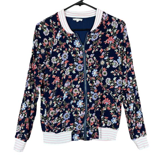 Mystree Womens Jacket Blue Full Zip Banded Bomber Lightweight Floral Stretch S - Picture 1 of 13